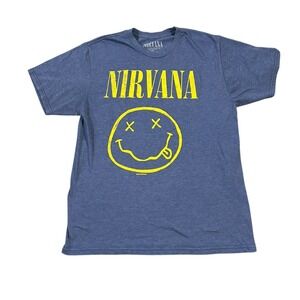 Nirvana T-Shirt Mens Size Large‎ Blue Smiley Face Grunge Band Graphic Tee